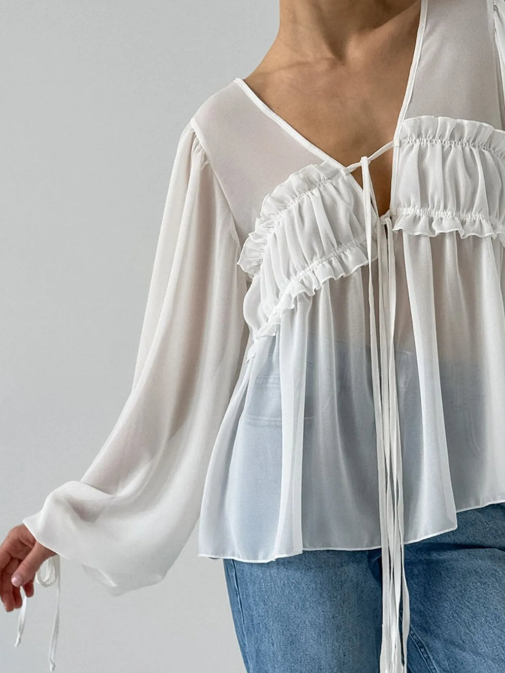 White Ruffled Tie Front Long Sleeve Sheer Blouse - Image 9