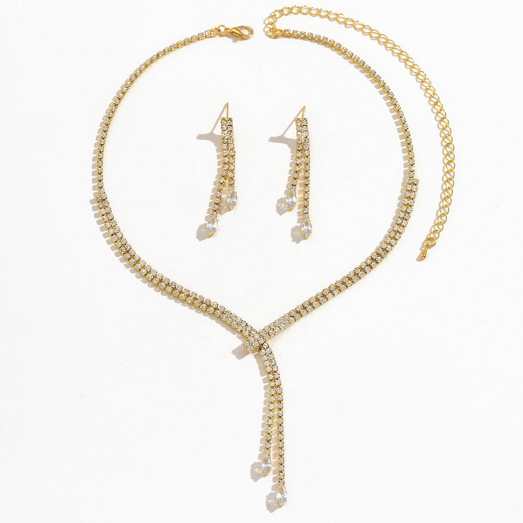 Cross-Border Environmentally Friendly Jewelry New Super Rhinestone Claw Chain Tassel Necklace Earrings Ring Bracelet Bridal Set Light Luxury