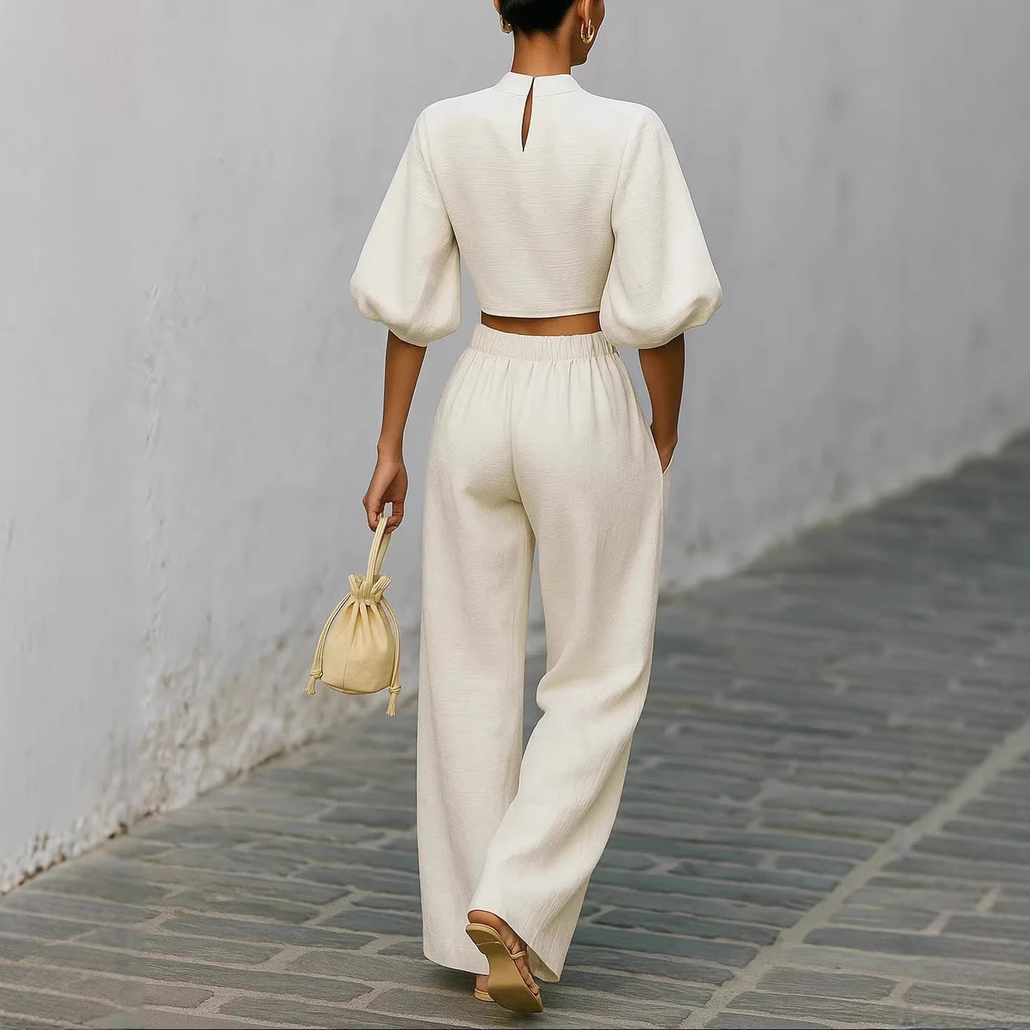 Women's Cropped Short Top & High-Waisted Wide Leg Pant Set - Image 4