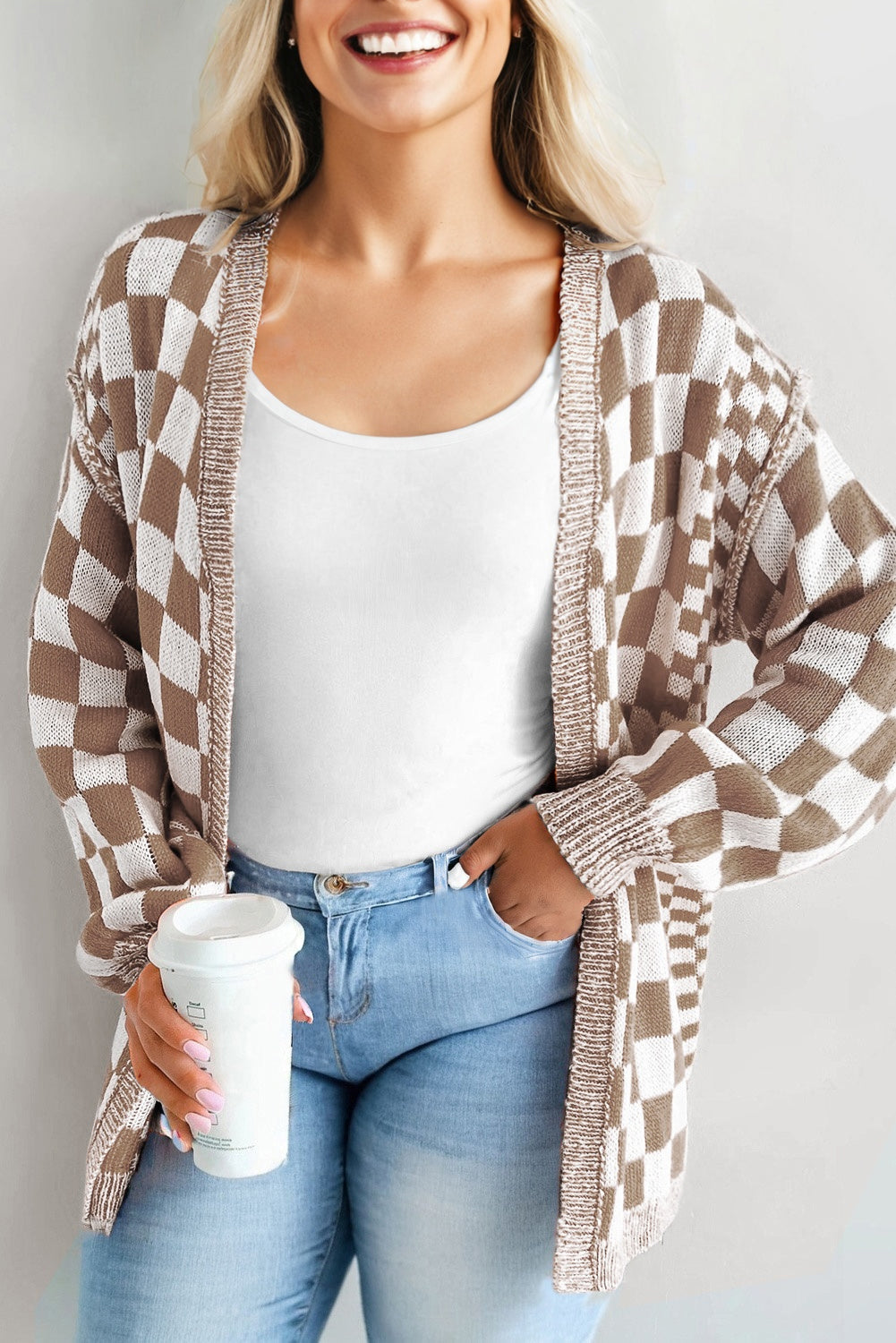 Brown Checkered Bubble Sleeve Drop Shoulder Open Cardigan