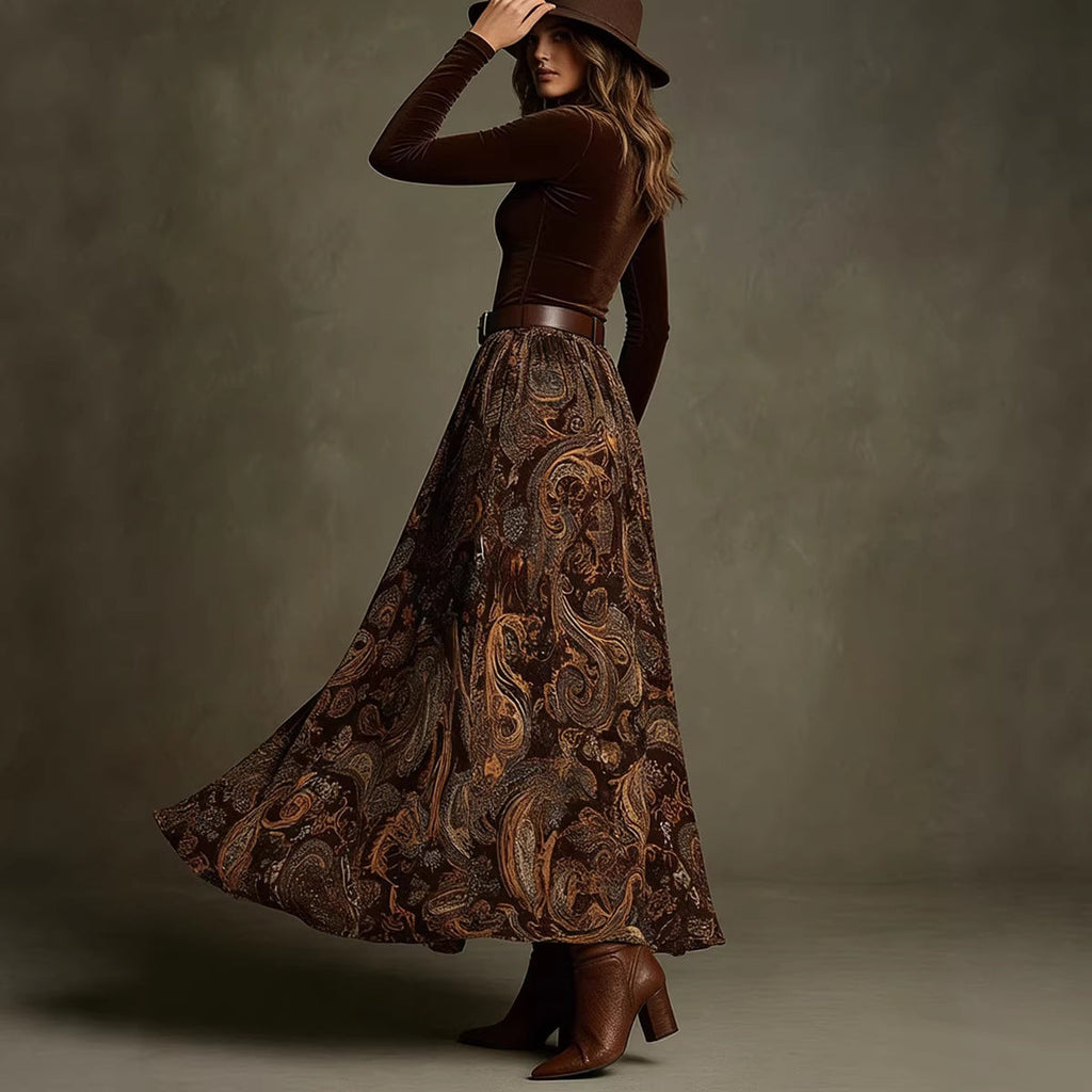 Women's Paisley Print Long Sleeve Skirt Set with Belt in Caramel - Image 3