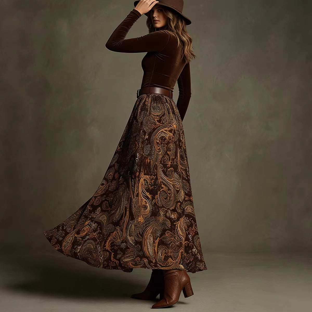 Women's Paisley Print Long Sleeve Skirt Set with Belt in Caramel - Image 3