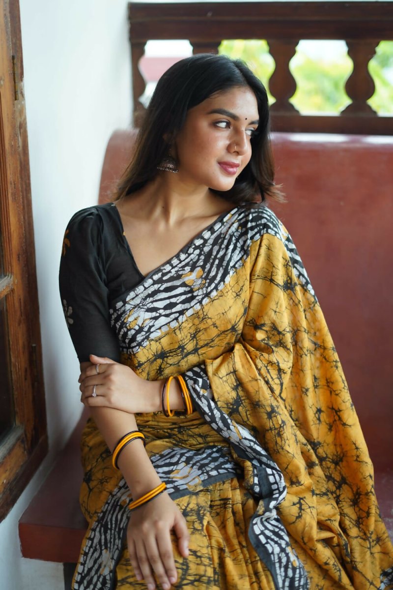 Mustered Combination Pure Chanderi Cotton Batik Printed Saree