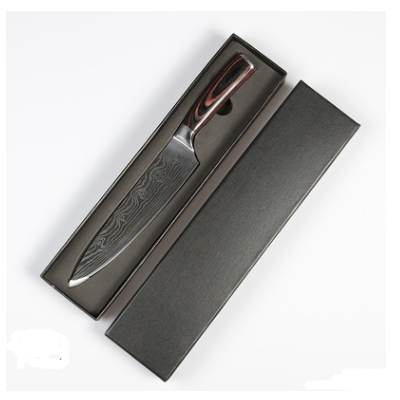 8-inch Damascus stainless steel chef knife with dark wood handle in a modern kitchen setting.