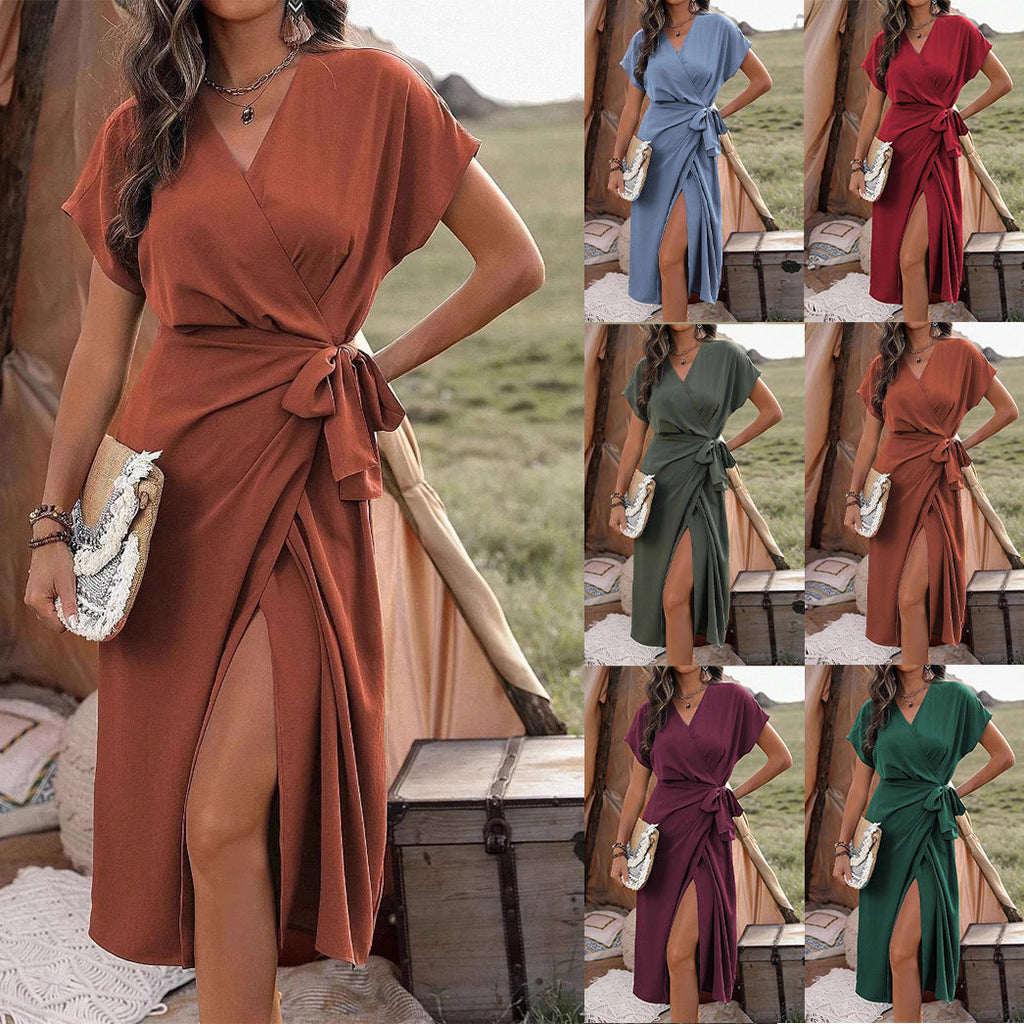 Minimalist Wrap Suspender Dress Asymmetric Hem Commuter Midi