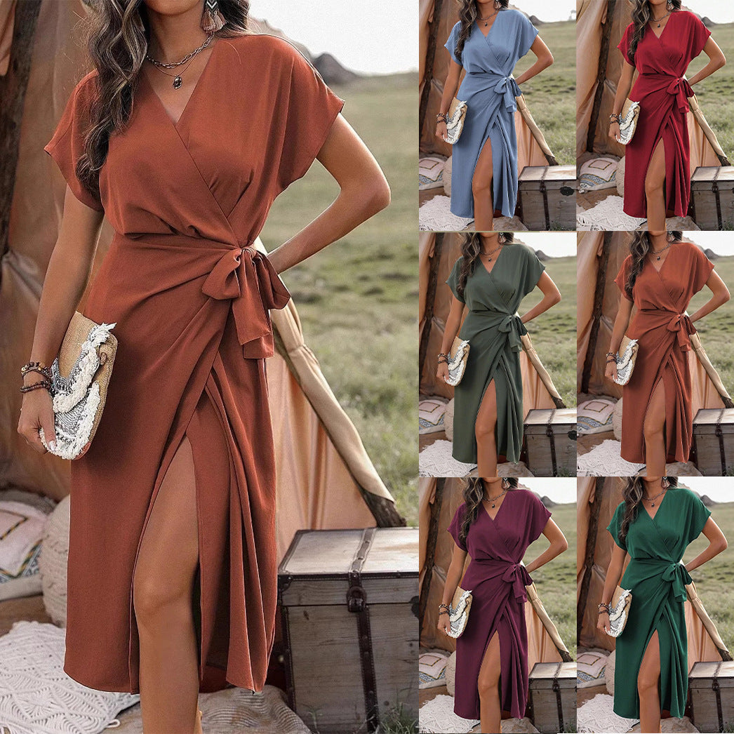 Minimalist Wrap Suspender Dress Asymmetric Hem Commuter Midi