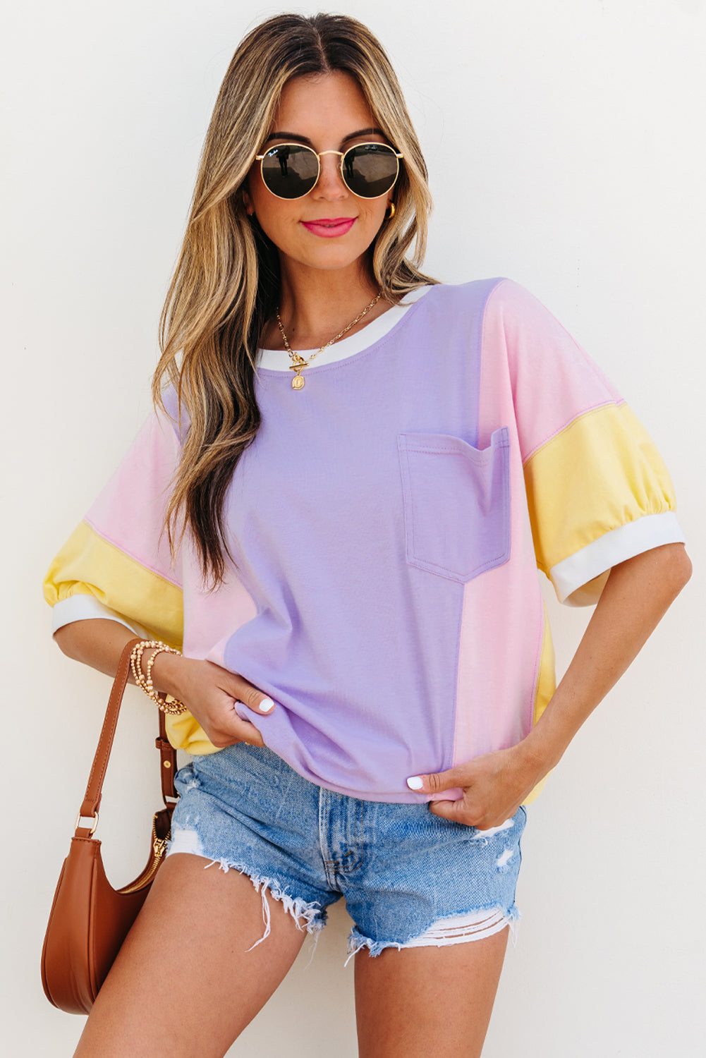 Zoe Patchwork Oversized Half Sleeve Colorblock Top