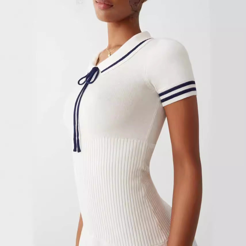 Short-Sleeve Striped Knit Mini Dress in White and Navy - Image 4