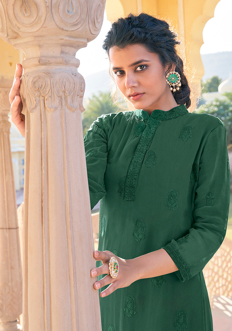 Dark Green Embroidered Muslin Pant Style Suit