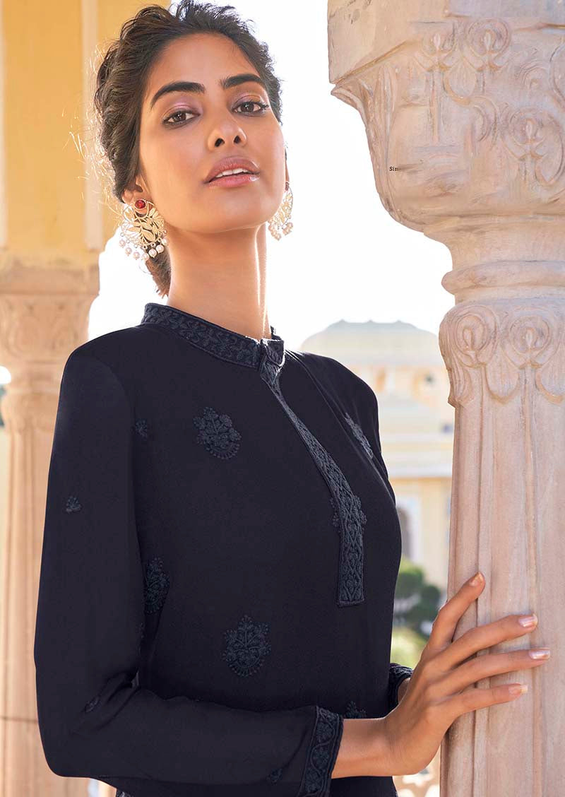 Monjolika Fashion Navy Blue Embroidered Muslin Pant Style Suit