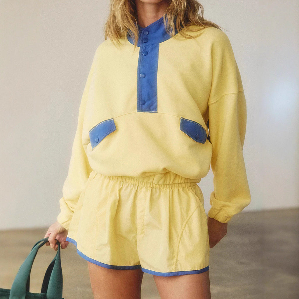 Women's Yellow and Blue Contrast Color Long-Sleeve Shorts Set - Image 3