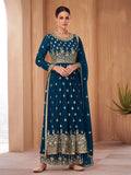 Blue georgette palazzo suit with detailed sequins and thread embroidery
