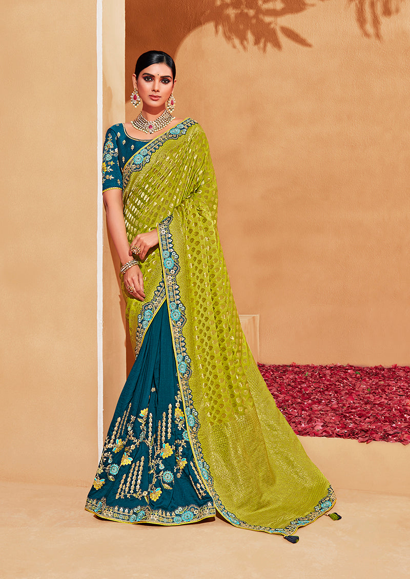 Light Green and Teal Half and Half Silk Embroidered Saree