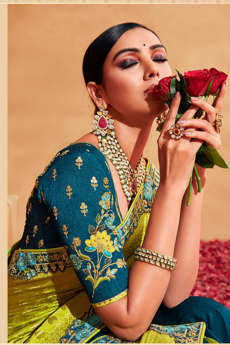 Light Green and Teal Half and Half Silk Embroidered Saree
