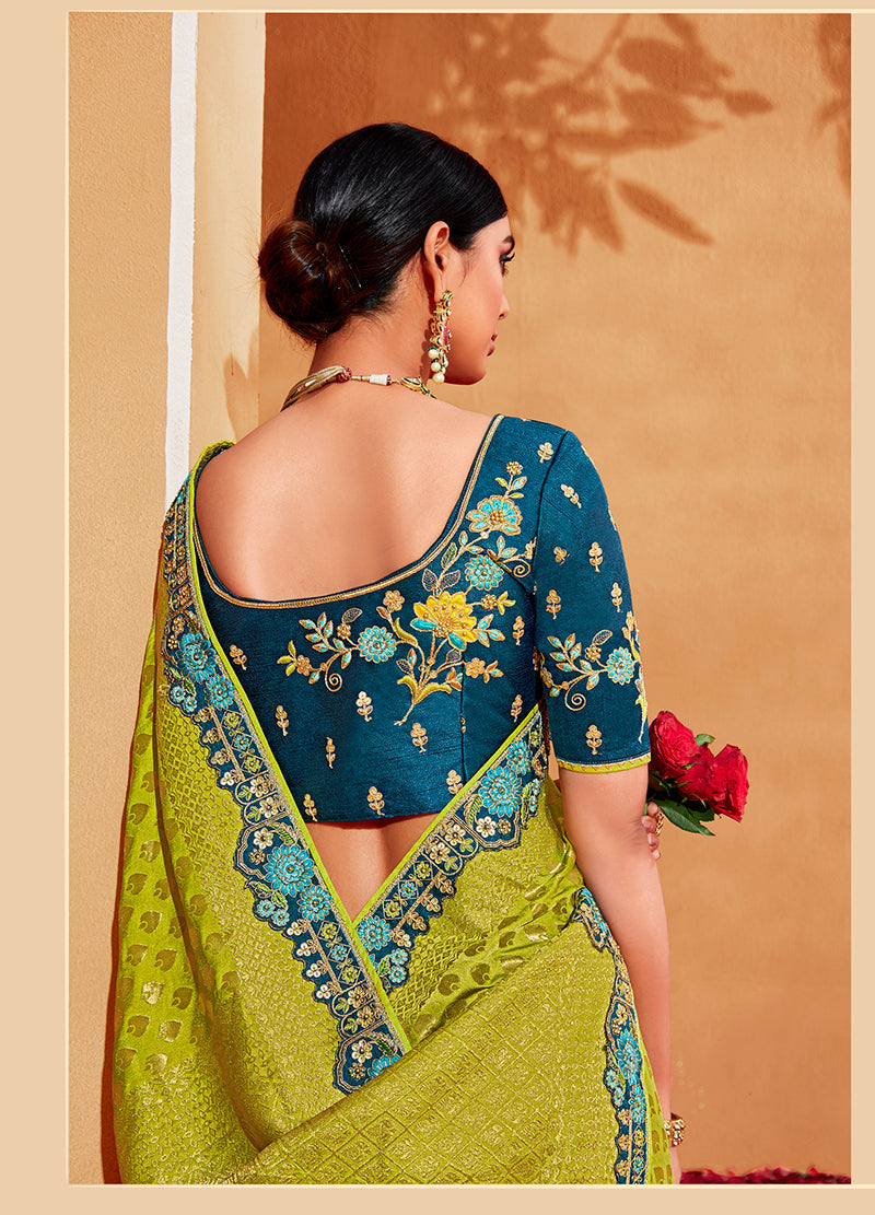 Light Green and Teal Half and Half Silk Embroidered Saree