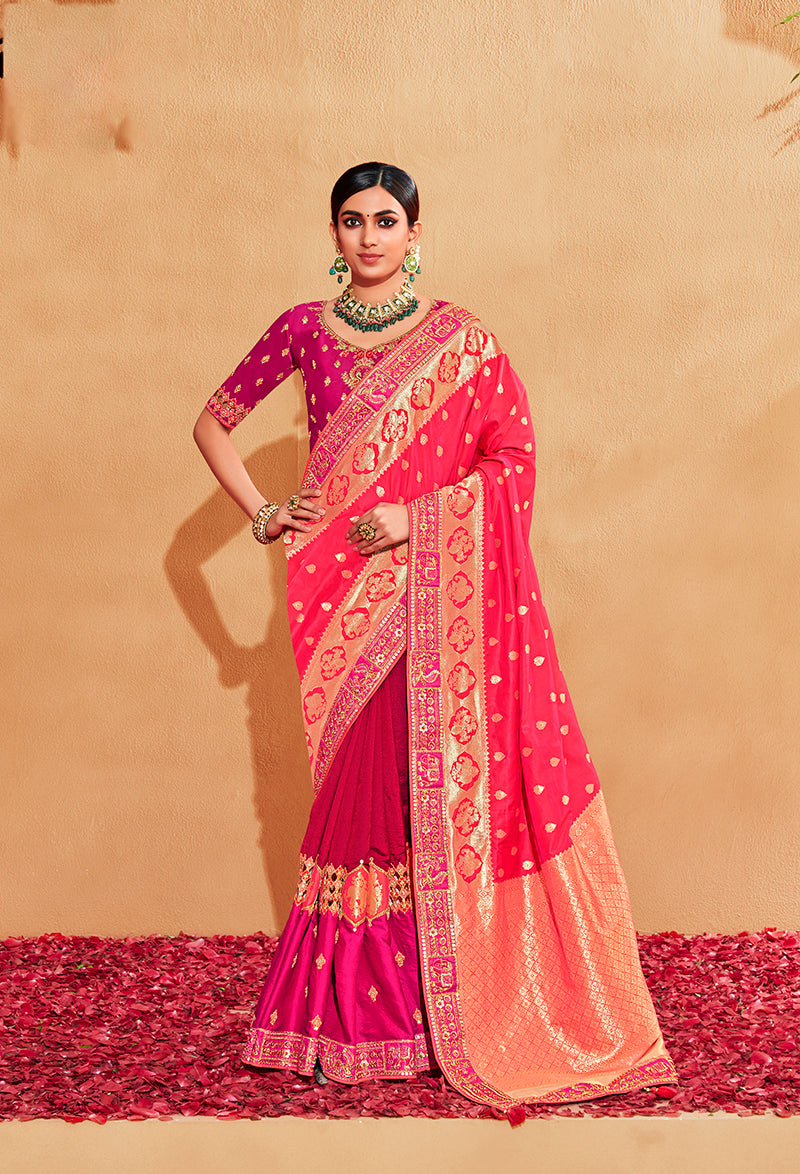 Pink Heavy Silk Embroidered Half and Half Saree