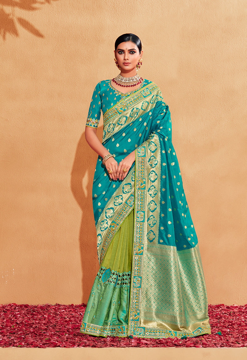 Turquoise Heavy Silk Embroidered Half and Half Saree