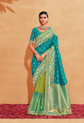 Turquoise Heavy Silk Embroidered Half and Half Saree