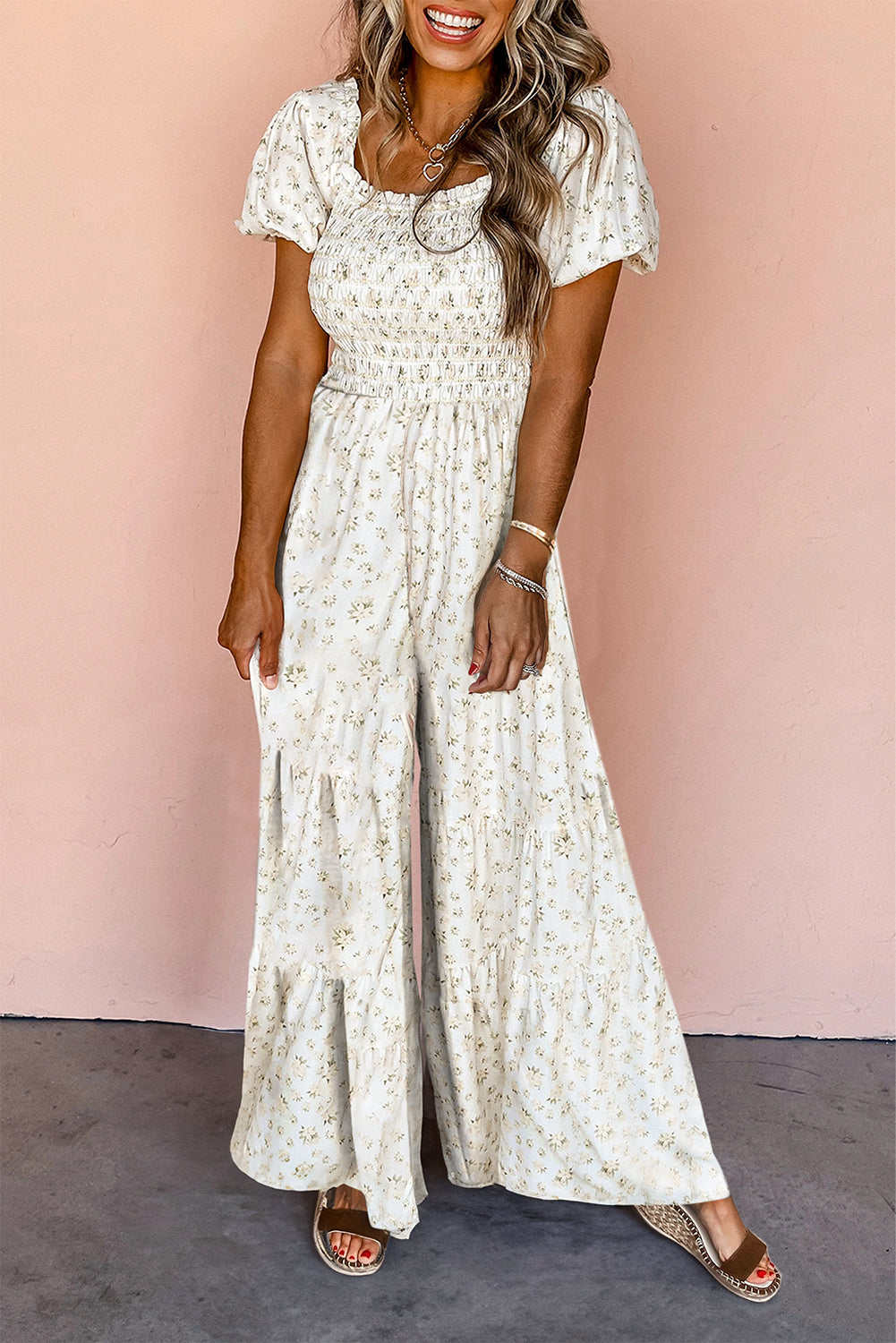 White Boho Floral Smocked Wide Leg Jumpsuit Puff Sleeve