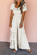 White Boho Floral Smocked Wide Leg Jumpsuit Puff Sleeve
