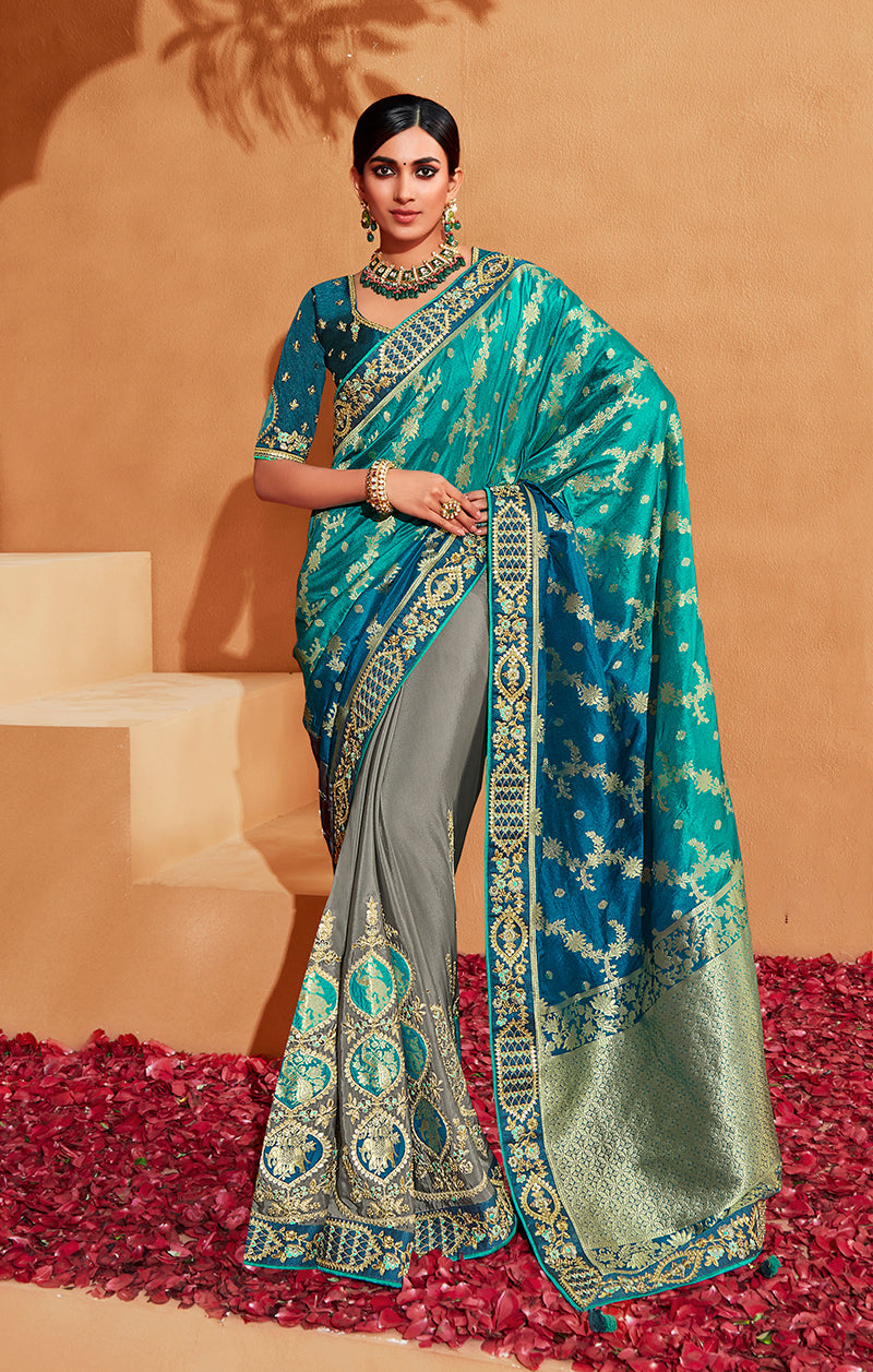 Multi-color heavy silk half and half saree with blue and grey tones and ethnic border