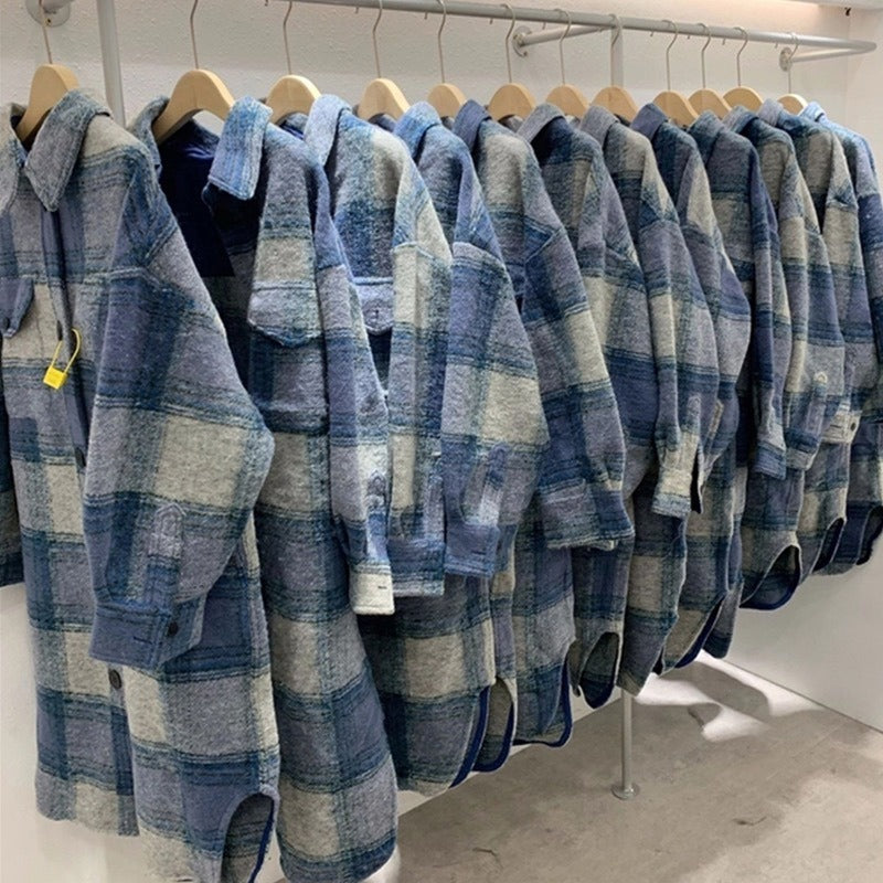 Women’s Blue Plaid Long Woolen Coat Loose Harajuku Streetwear