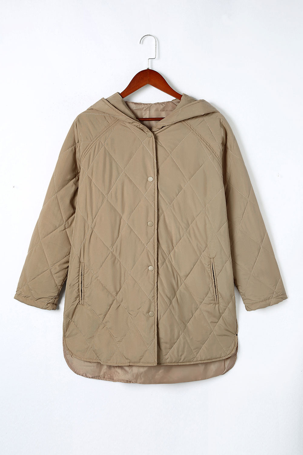 Women's Solid Quilted Snap Button Hooded Puffer Coat in Beige Khaki