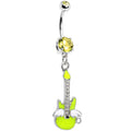 Neon yellow guitar charm dangle belly ring with angel wings and yellow gems
