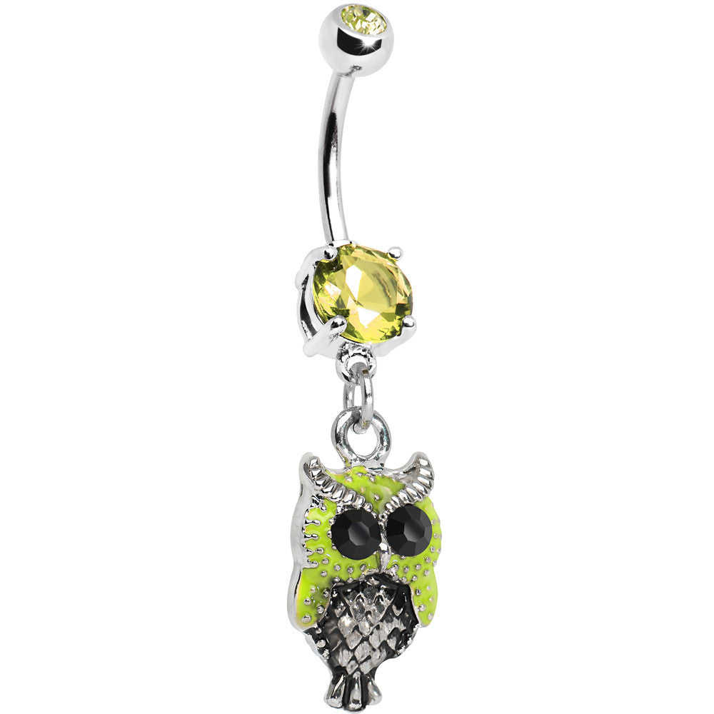Yellow neon owl dangle belly ring with sparkling yellow gems on a white background