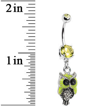 Yellow Neon Owl Dangle Belly Ring with Sparkling Gem Accents - Image 2