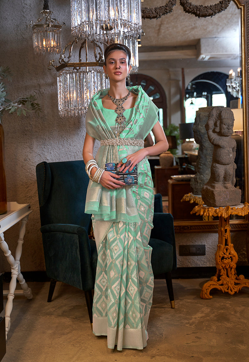 Light Blue Linen Saree with Woven Zari Border and Blouse