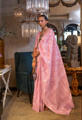 Light Pink Linen Saree with Woven Zari Border and Blouse