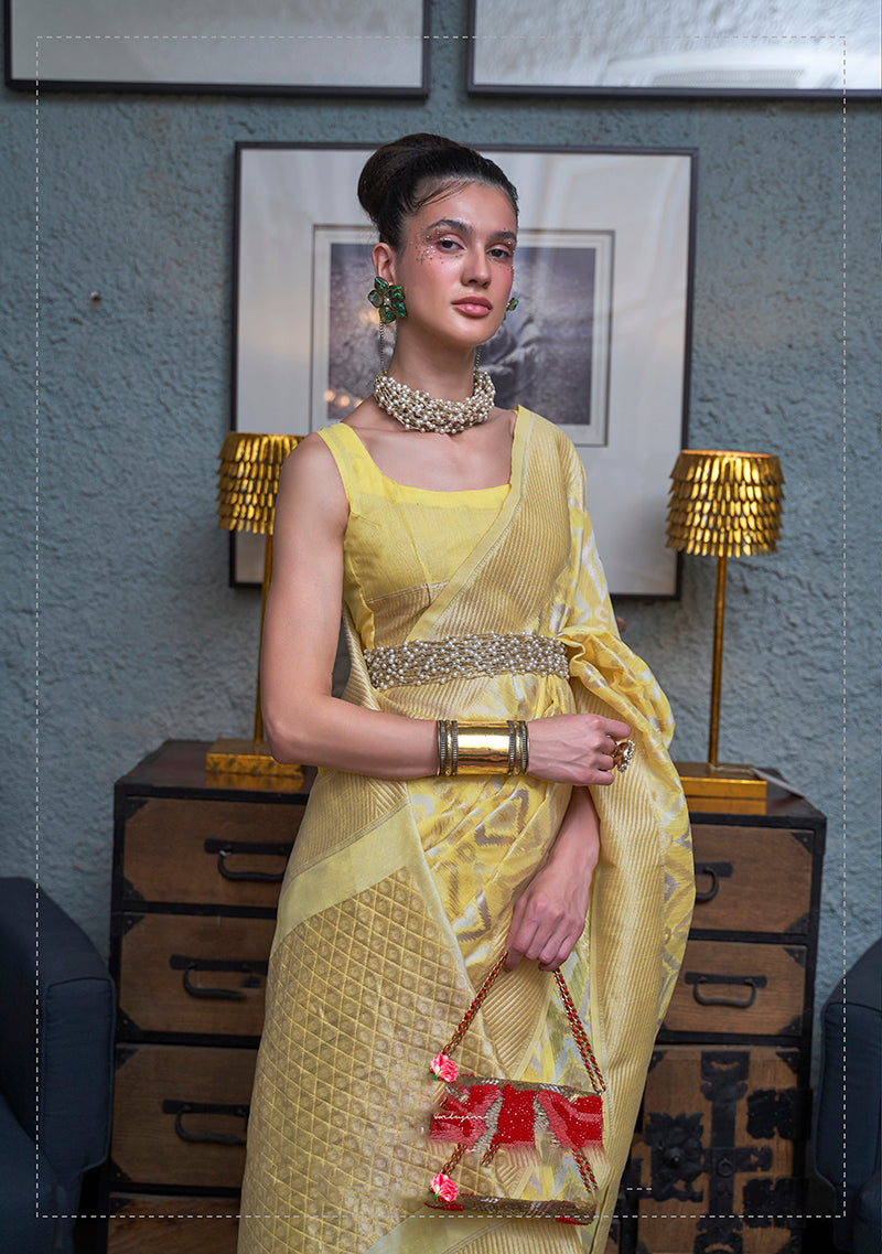 Light Yellow Linen Saree with Woven Zari Border and Blouse