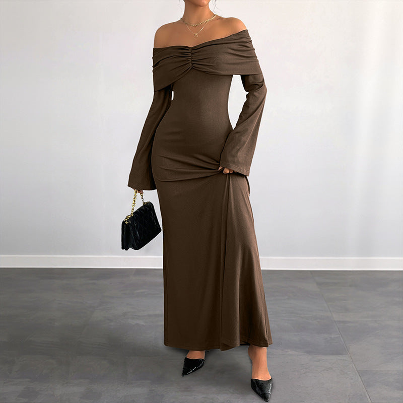 A coffee brown off-shoulder long sleeve knit dress featuring a slim high-waisted silhouette.