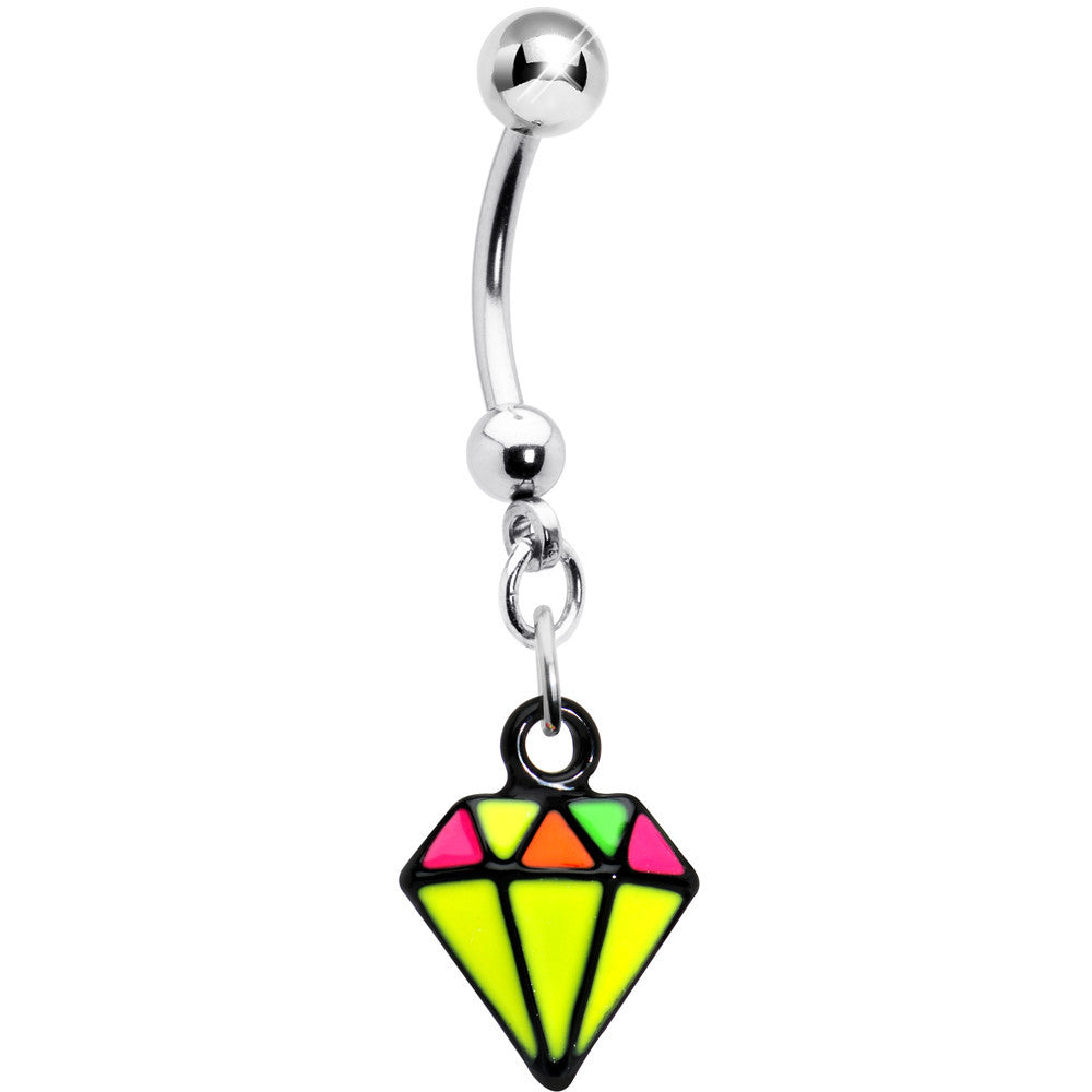 Multicolor neon yellow, pink, orange, and green enamel diamond charm belly button ring on a curved barbell.