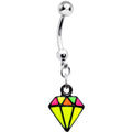 Multicolor neon yellow, pink, orange, and green enamel diamond charm belly button ring on a curved barbell.