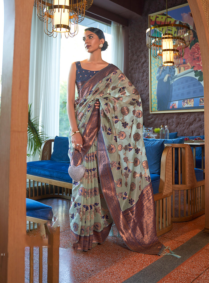 Beautiful light blue organza saree with a delicate weaving print design.