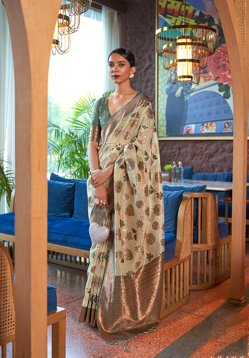 Monjolika Fashion Light Green Color Organza Weaving Print Saree