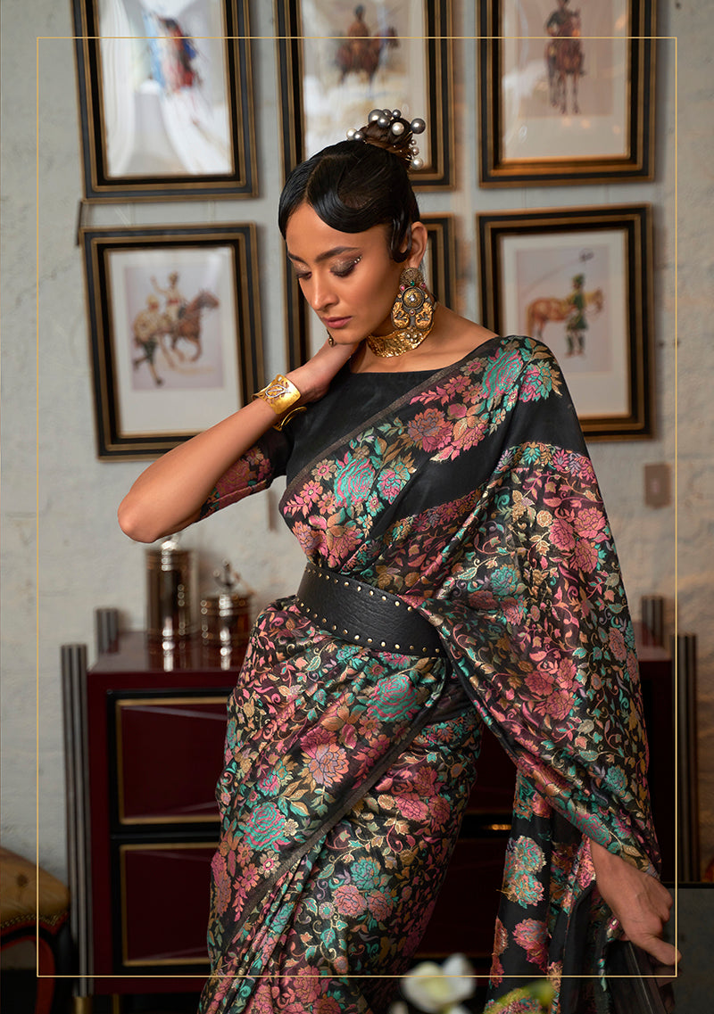 Black Silk Saree with Printed Classic Border Design