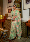 Light Green Silk Printed Saree with Classic Border Details