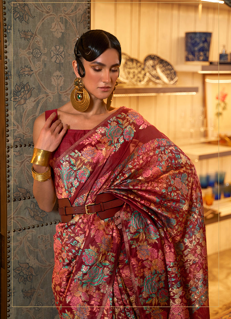 Red Silk Saree with Printed Classic Border Design