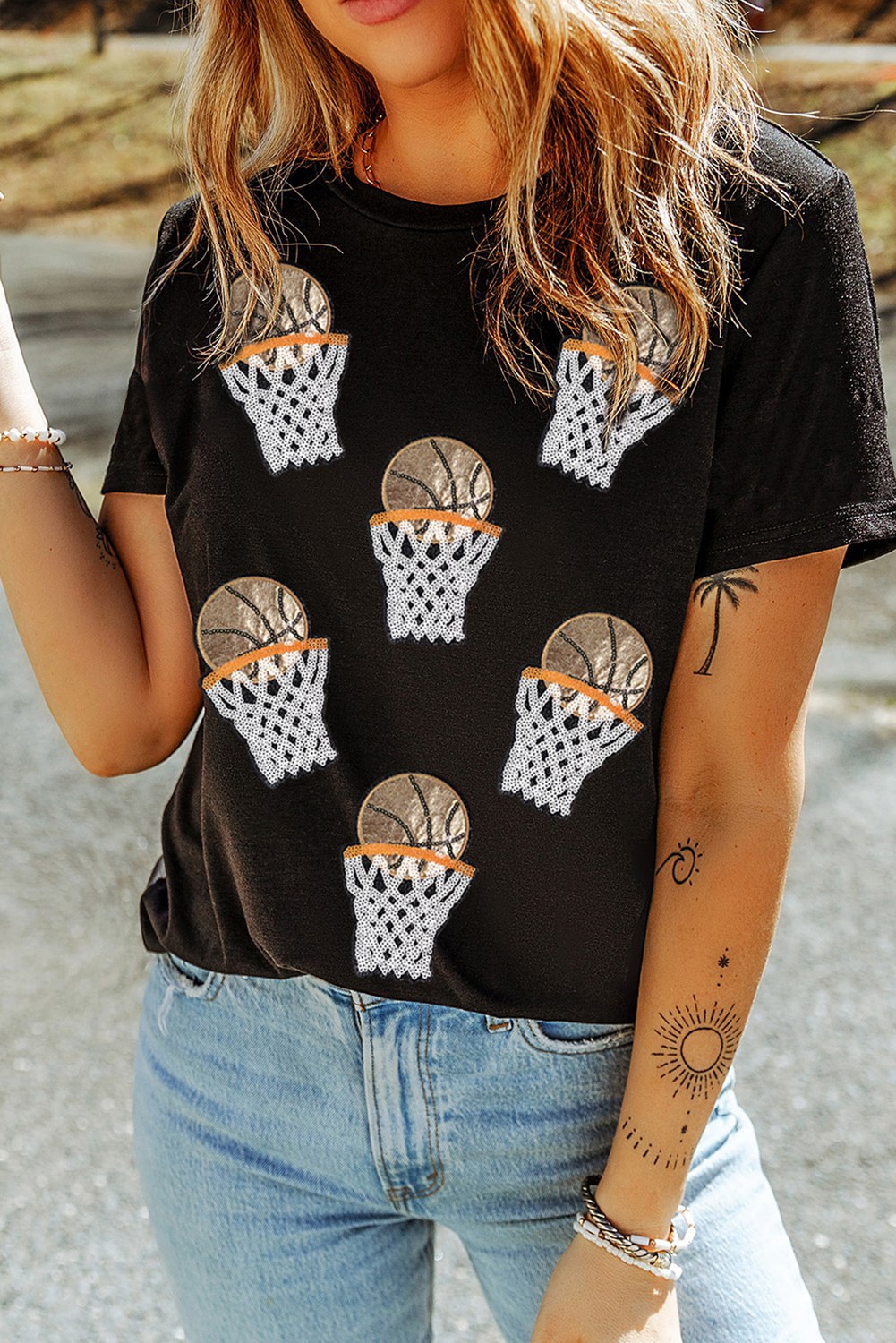 Black Sequin Basketball Graphic Game Day T-Shirt