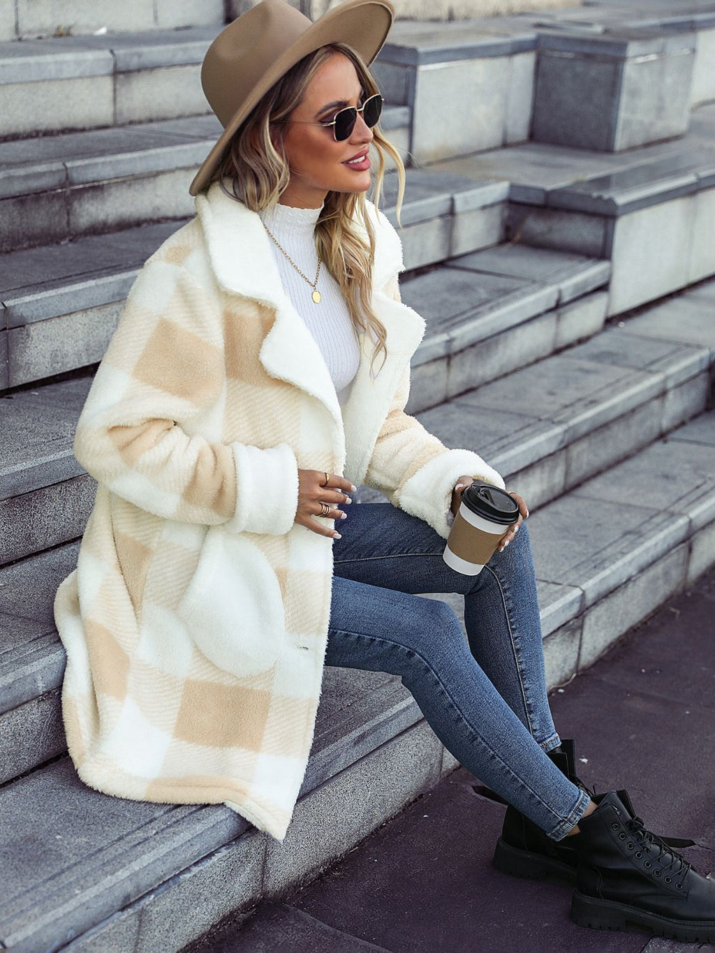 Plaid Button Down Coat - Oversized Cream & Beige