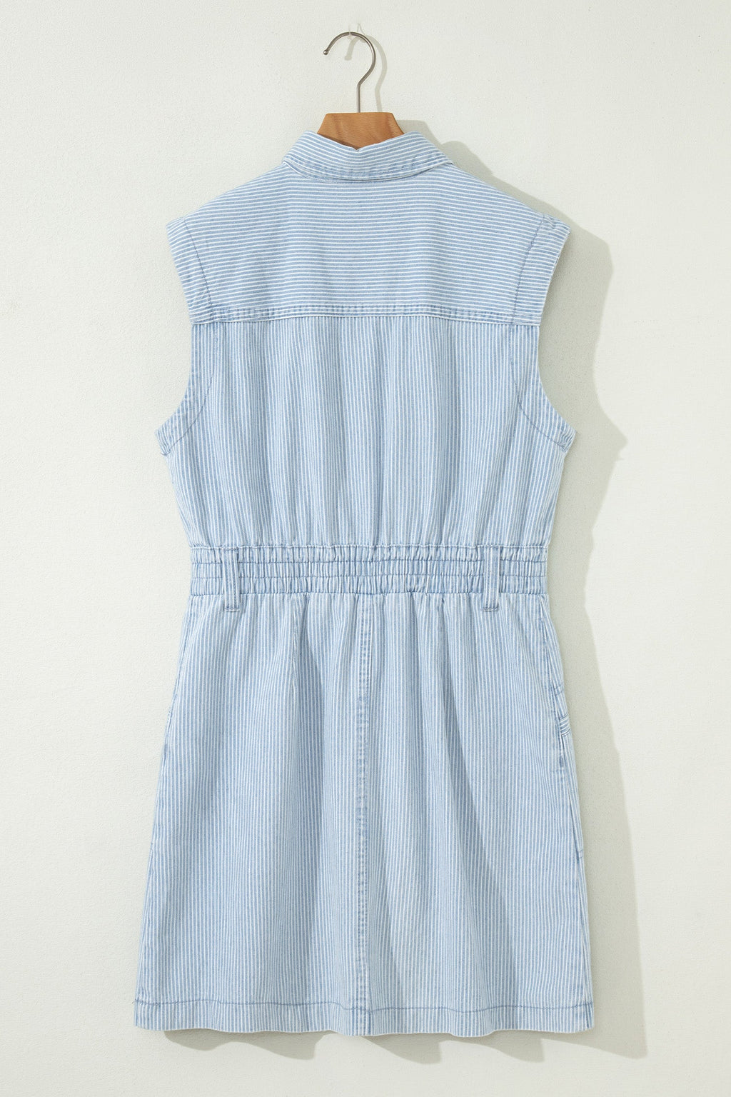 Stripe Denim Collared Button-Front Sleeveless Dress
