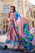 Light pink printed satin saree with a soft, elegant finish and modern print.