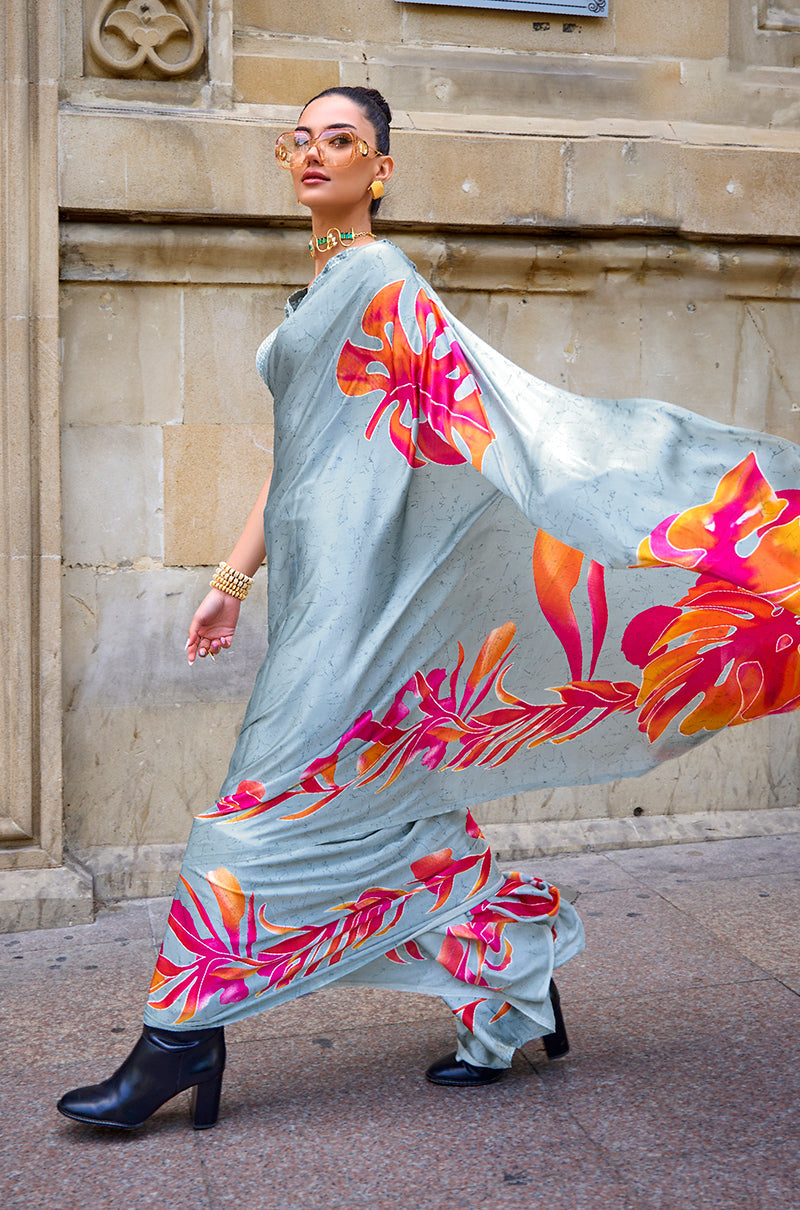 Elegant stale gray satin printed saree with luxurious drape