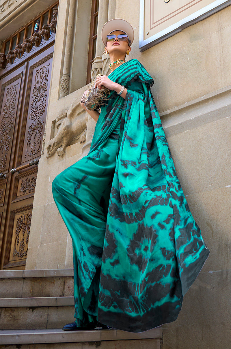 Teal Printed Satin Saree for Festive and Casual Elegance