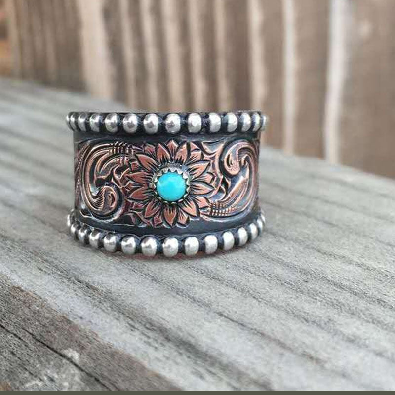 Two-tone Vintage Embossed Turquoise Copper Ring
