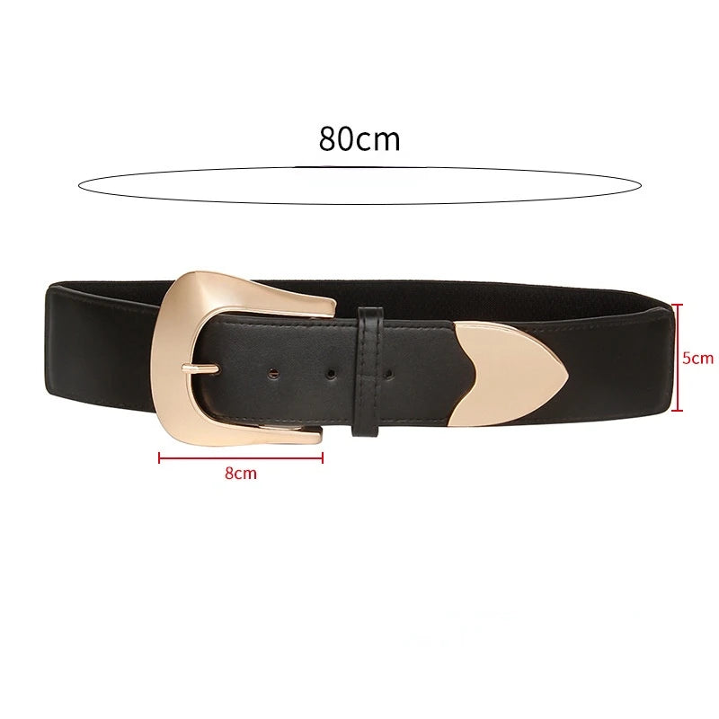 Black Wide Elastic Waist Belt with Oversized Gold Buckle - Image 3