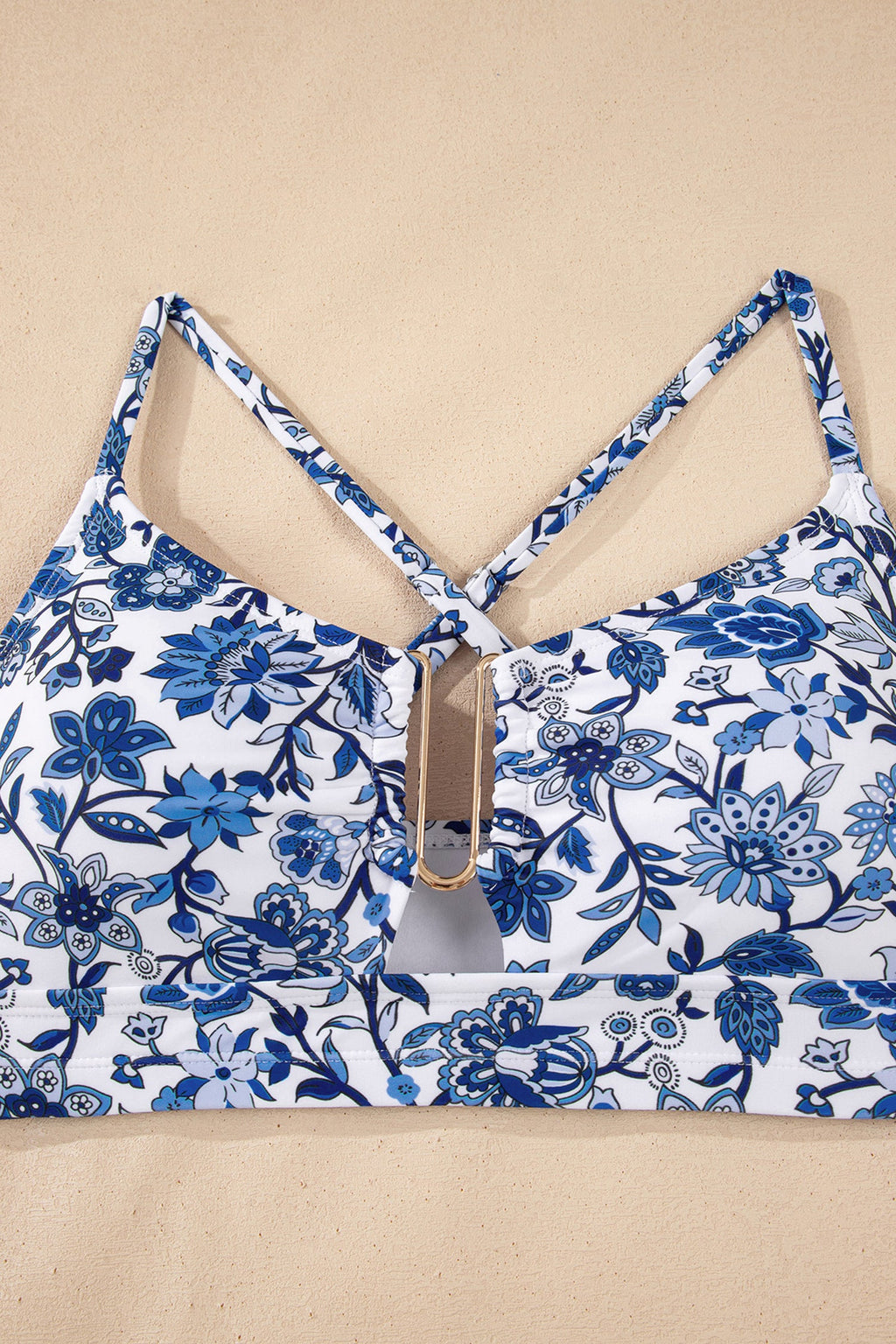 Floral Notched Neck Top & High Waist Bikini Set - Blue & White